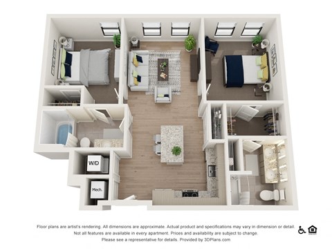 Floor plan for 2 beds, 2 baths, 1007 sqft